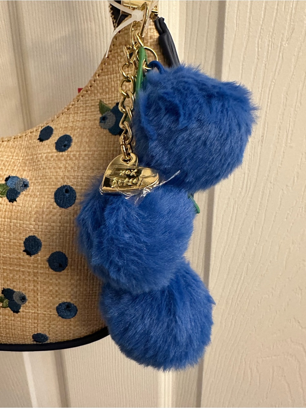 Betsey Johnson Navy Trim Straw Shoulder Bag with a Blue Pom Pom Charm - Picture 7 of 16